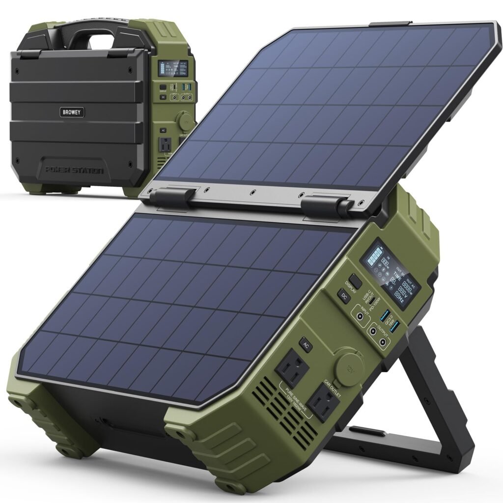 BROWEY 1600W (3200W Peak) Portable Power Station with Built-in Solar Panel Green