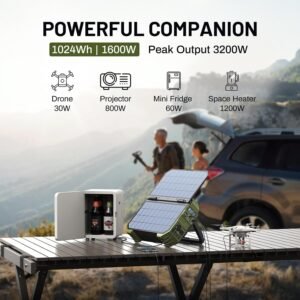 BROWEY 1600W (3200W Peak) Portable Power Station with Built-in Solar Panel Green