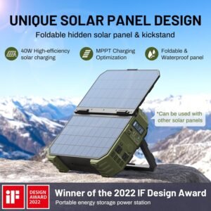 BROWEY 1600W (3200W Peak) Portable Power Station with Built-in Solar Panel Green